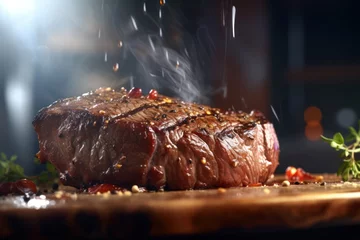 Tuinposter falling tasty beef steak in kitchen,  © CStock