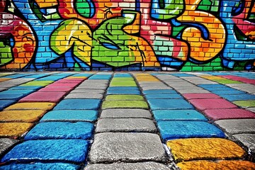 Fototapeta premium Urban street art setting, surrounded by vibrant graffiti and neon signs, reflecting a youthful and energetic vibe. Generative AI