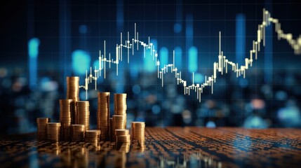 forex chart on blue bokeh grid background. Trade, money, 