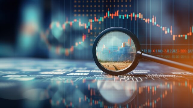 Creative growing forex chart on blue bokeh grid background. Trade, money, 