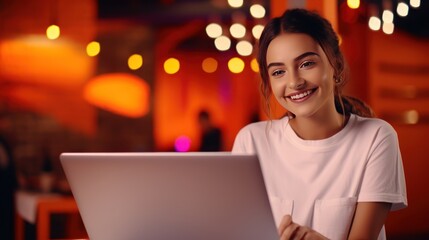 Portrait of young smiling girl in white t-shirt with laptop ,happy students