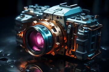 3d rendering of a digital camera on a dark background with reflection