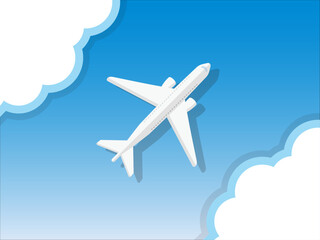 旅行のイラスト、青空の中を飛ぶ飛行機。フライト中の旅客機を真上から描いたベクター素材。