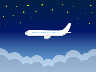 Naklejka premium 旅行のイラスト、美しい星空の中を飛ぶ飛行機。夜間飛行を楽しむ旅客機のベクター素材。