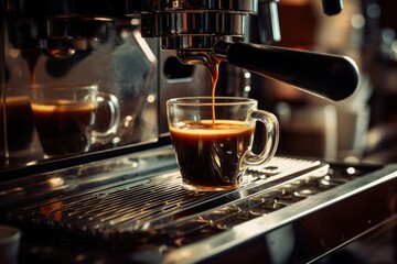  Espresso poruing from coffee machine at cafe  - obrazy, fototapety, plakaty