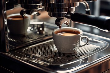  Espresso poruing from coffee machine at cafe 