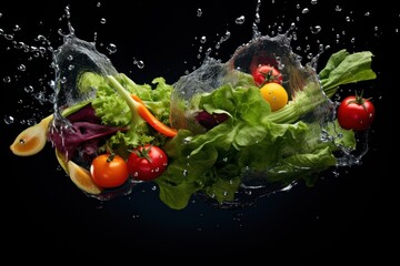 Flying Cuts of Colorful Vegetables and Water Drops 