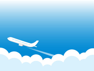 Naklejka premium 旅行のイラスト、美しい空の中を飛ぶ飛行機。イラストの中央には、見出しやタイトル、文字を書き込めるコピースペースがあるベクター素材。