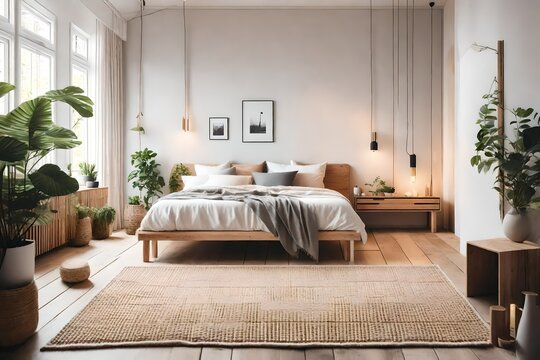 Cosy bedroom with eco decor. Wood and nature concept in interior of room. Scandinavian interior, real photo. Hygge decoration concept