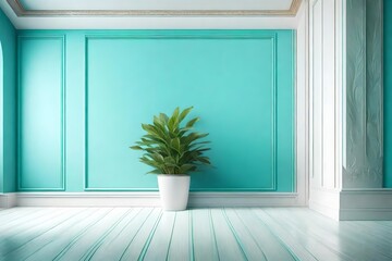 Empty room interior design, turquoise decorated molded panel, wooden white floor and potted plant, modern architecture background with copy space, zen template mockup idea