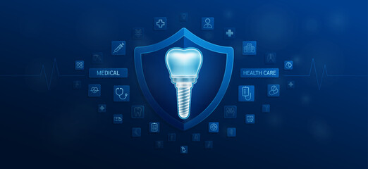 Medical health care. Dental implant inside shield and medical equipment tools. Doctor icon, symbol cross, stethoscope syringe and drug. Protect treat human organ healthy. Ads banner vector.