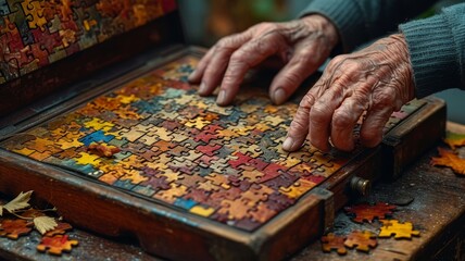 elderly man with hobby of solving puzzles, putting together his puzzle in his free time