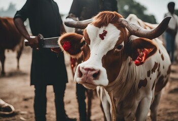 cow cow holding background slaughters slaughtered Man bloody knife Adha Eid - obrazy, fototapety, plakaty