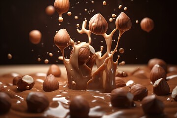  Hazelnuts Falling in Milk Chocolate,  - obrazy, fototapety, plakaty