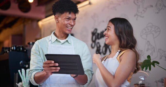 Happy people, barista and tablet in cafe for social media, inventory or checking online orders at coffee shop. Man, woman or waiters smile and laughing with technology for stock check at restaurant