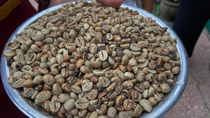 worker holding coffee beans in his hands checks the quality of coffee after harvesting. Robusta coffee beans on a drying place