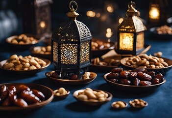 Fototapeta na wymiar blue dates form Kareem mosque dark Trays lantern table Ramadan muslim food wooden nuts
