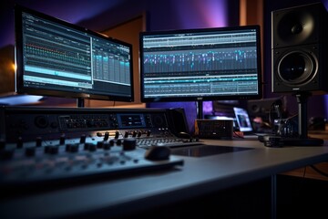 Modern Music Record Studio Control Desk with Computer Screen 