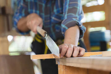 Hands of person doing diy project at home. Man measuring wood to doing cabinet craftworks as a...