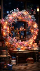 Christmas wreath in the interior of the house. 3d illustration