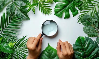 a researcher's hand is researching plants with a magnifying glass - obrazy, fototapety, plakaty