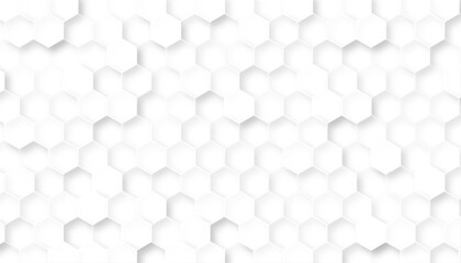 White abstract background with hexagons. Geometric backdrop 3D. Vector illustration with honeycomb in realistic style. White wall. Horizontal banner. 