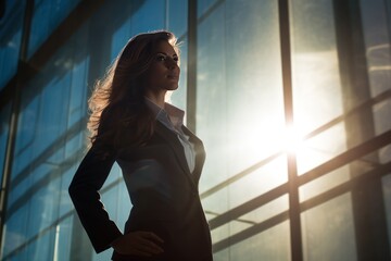 Fototapeta na wymiar Silhouette of super strong successful business woman. Mental strength, 