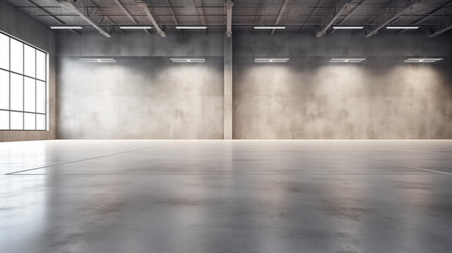 Modern interior design with polished concrete floors and space for product display, warehouse