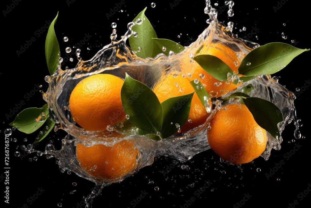 Poster water splashing over heap of fresh oranges isolated