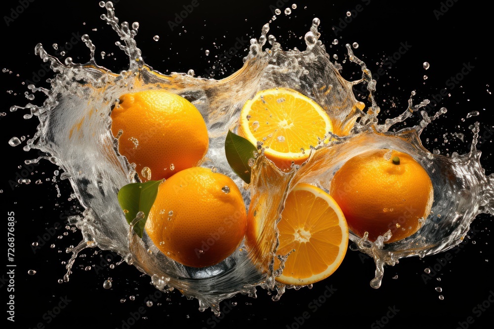 Poster water splashing over heap of fresh oranges isolated