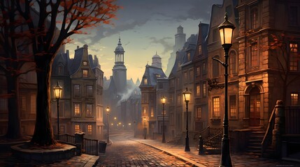 Old town street in a foggy morning. Panoramic image.