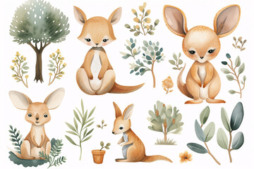 Fototapeta premium Watercolor kangaroo. A heartwarming watercolor collection featuring endearing kangaroos surrounded by a variety of Australian botanicals and foliage.