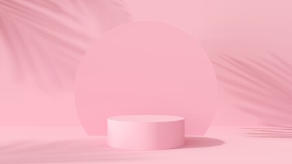 Abstract 3D background. Pink product display presentation. Empty space cylinder podium and circle backdrop for product with palm leaf shadow on pink background. 3D render illustration.