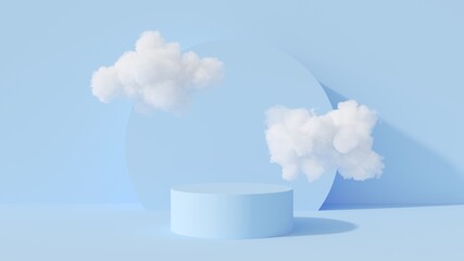 Abstract 3D background. Blue product display presentation. Empty space cylinder podium and circle backdrop for product with floating white cloud on blue background. 3D render illustration.