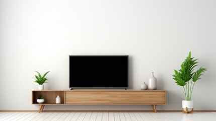  minimalist living room interior with wooden TV cabinet. 