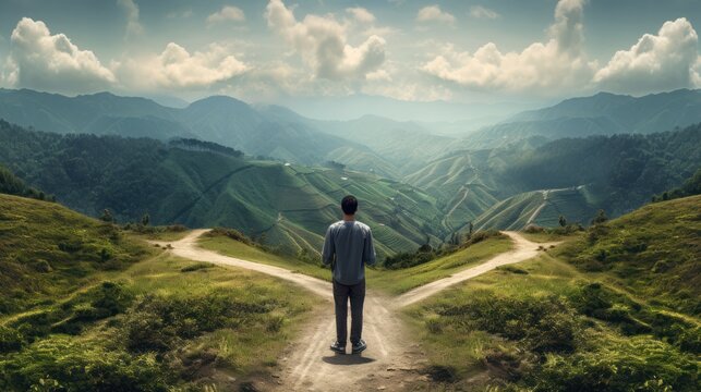 The back of a man at two roads deciding for best chance of environment protection, 