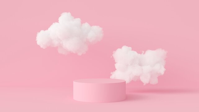 Abstract 3D background. Pink product display presentation. Empty space cylinder podium for product with floating white cloud on pink background. 3D render illustration.