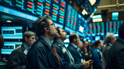 Serious stock traders in suits with headsets intently watching market information on the digital screens at the stock exchange.
