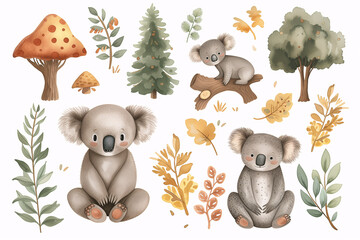 Watercolor koala. This charming watercolor collection showcases adorable koalas with a selection of Australian flora, perfect for a soothing natural theme.