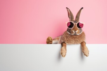 A funny happy hare on summer holidays.  - obrazy, fototapety, plakaty
