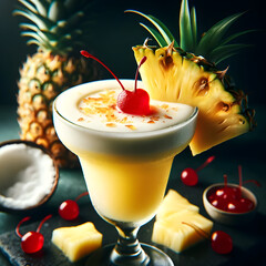 a tropical piña colada cocktail in a piña colada glass, garnished with a pineapple slice and a maraschino cherry, showcasing its creamy texture, golden hues, and refreshing condensation - obrazy, fototapety, plakaty