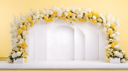 Yellow pedestal or podium with flowers decoration on yellow wall background.
