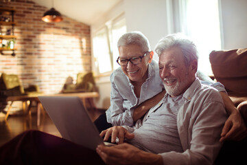 Senior couple using a laptop at home in the living room
