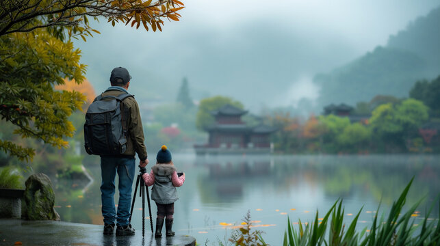 A father and 6 year old daughter went to photograph the scenery
