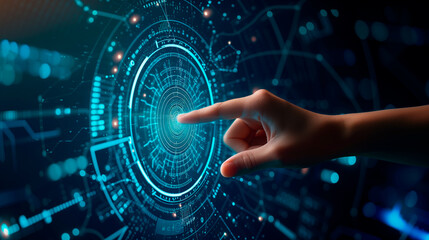 Fototapeta premium Hand pointing finger at a technology screen. Technology and cyber security concept
