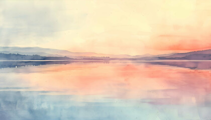 Fototapeta premium Sunset over the lake landscape watercolor painting. 