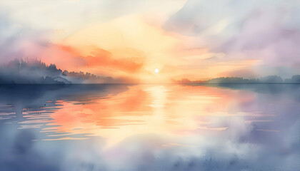 Naklejka na ściany i meble Sunset over the lake landscape watercolor painting. 