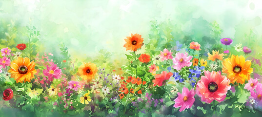 Watercolor colorful spring flowers with blue sky background with empty space for text. 