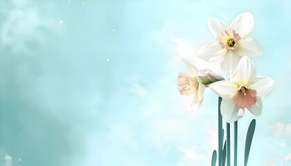 Watercolor daffodil flowers background with empty space for text. 
