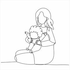 Happy mother's day card. Draw one continuous line. Woman holding her baby. Vector illustration